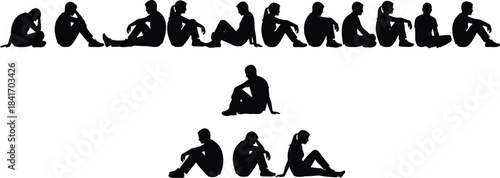 Silhouettes of Depressed People Sitting on Floor in Row, Vector Illustration of Sadness, Loneliness, Mental Health Issues, and Emotional Stress, Concept of Solitude