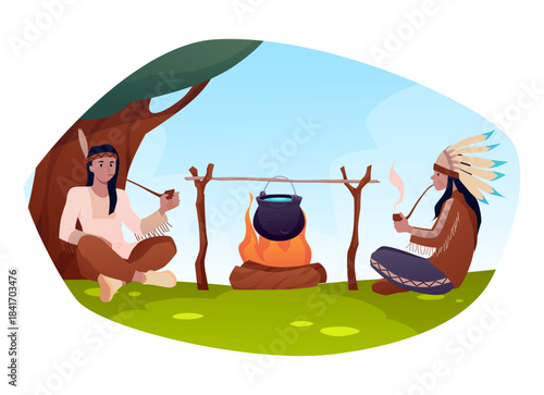 Native American Indian men in ethnic clothing smoke pipe near the burning fire with pot, vector aborigines on nature