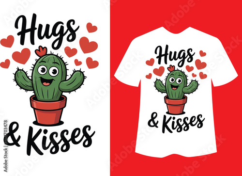 Cartoon cactus with hearts and text hugs and kisses