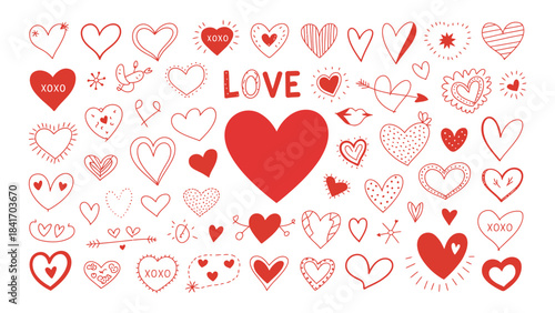 Hand drawn doodle hearts and love elements collection for romantic designs