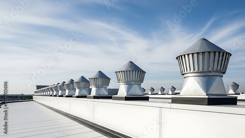 A long row of modern industrial ventilation units on a white flat roof against a blue sky
