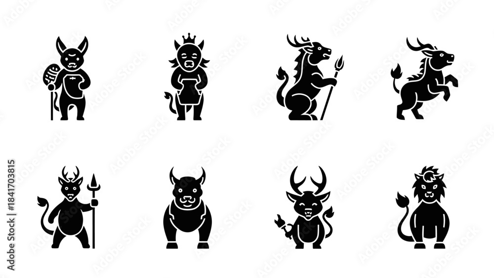 Fototapeta premium Stylized mythical creatures set silhouettes design elements black white