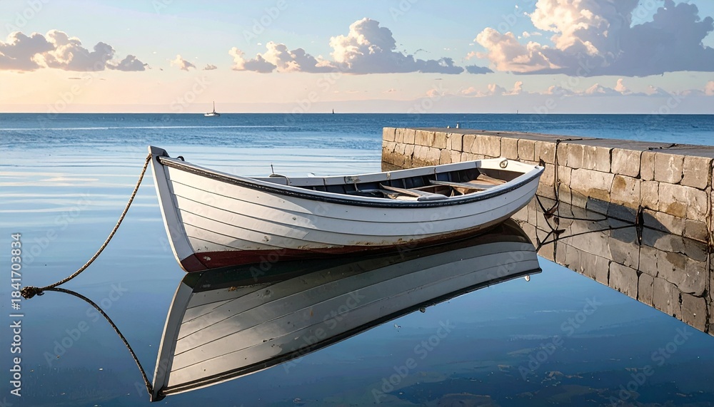 Obraz premium Serene white boat moored to a stone dock with calm reflection in peaceful water under cloudy sky.