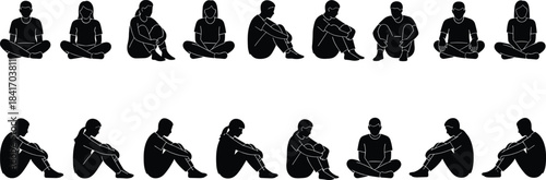 Silhouettes of diverse men and women sitting cross-legged or relaxed on the ground, captured in various resting and contemplative poses, perfect for group, yoga, meditation, and design projects.