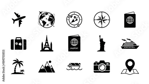 Travel and tourism related vector icons set for international journeys