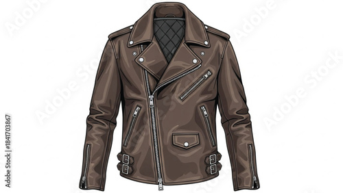A high-quality vector illustration of a classic brown leather biker jacket for men. The detailed design features a diagonal zipper closure, notched lapels with silver studs, multiple zippered pockets.
