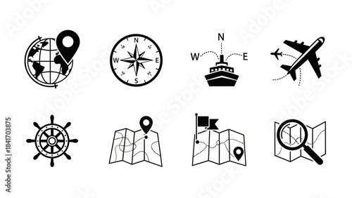 Travel icons globe compass plane map direction symbols isolated vector set