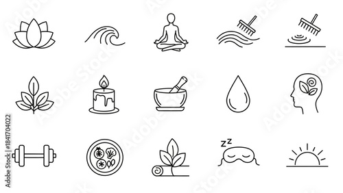 Wellness and mindfulness icons representing serenity and well being