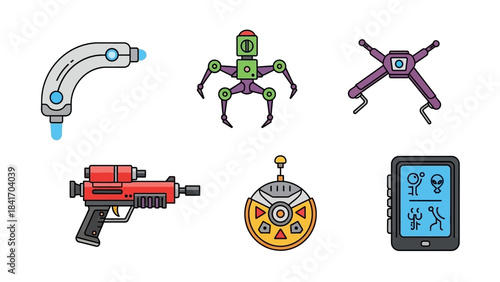 Set of colorful futuristic weaponry and technological devices illustrations