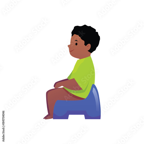 Cute baby boy sitting on blue potty, vector cartoon smile toddler learning to use potty, first year old child hygiene