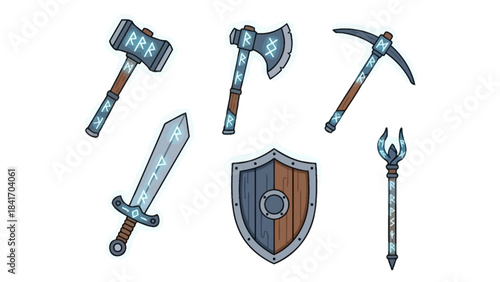 Set of fantasy weapon illustrations hammer axe pickaxe sword shield staff