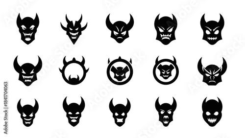 Set of evil demon head icons in black color isolated on white background