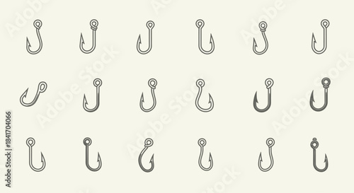 Set of fishing hooks illustrations with different shapes and designs