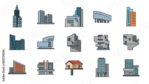 Set of modern building icons vector illustrations for design elements