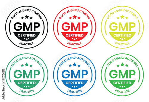 GMP Certified logo. Good Manufacturing Practice Certified Set Badge, Stamp, Icon, Seal, Label, Tag, Emblem For CBD Label Oil and Packaging Design. Vector Illustration