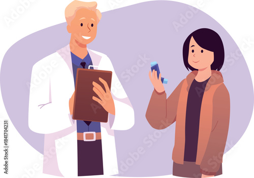 Doctor prescribes inhaler for patient, Asthma, Allergy disease medicine consultation for treatment vector illustration