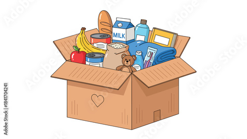 A brown cardboard box overflowing with various grocery items on