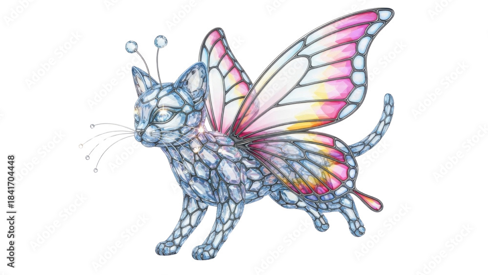 Obraz premium Whimsical Crystal Cat with Pink and Yellow Butterfly Wings Watercolor Illustration isolated PNG with Transparent Background