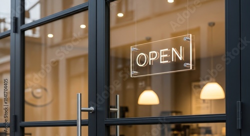 Open sign in modern storefront window with reflections