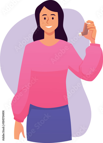 Young woman showing an inhaler, Bronchial Asthma, Allergy disease oral spray, aerosol treatment vector flat illustration