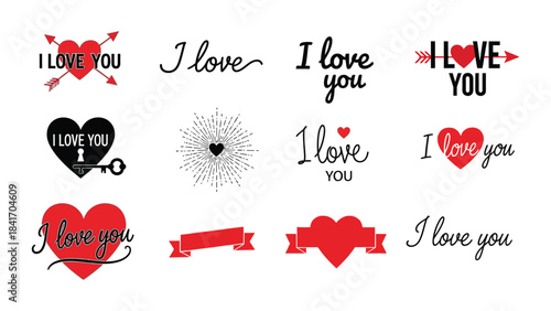 A collection of different love typography designs with hearts and arrows