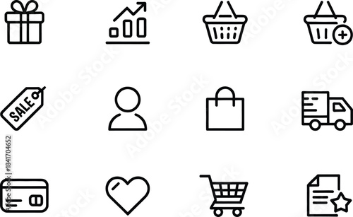 E-Commerce Shopping Icons Set – Delivery, Online Store, Cart, Bag, Checkout, Location, Delivery Truck, Shipping & Retail Line Icons Collection