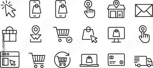 E-Commerce Shopping Icons Set – Delivery, Online Store, Cart, Bag, Checkout, Location, Delivery Truck, Shipping & Retail Line Icons Collection