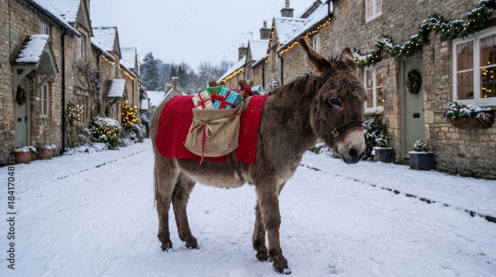 Naklejka premium Donkey Carrying Gifts in Snowy Village - A donkey stands in a snow covered village street carrying a pack filled with colorful gifts. Festive decorations adorn the buildings