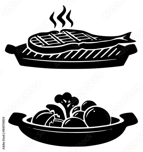 Black silhouette grill steak and vegetables restaurant icon set