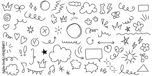 Hand drawn doodle elements vector illustration with speech bubbles, arrows, stars, hearts and decorative lines for business infographic journal set pointing arrow speech bubble line outline.