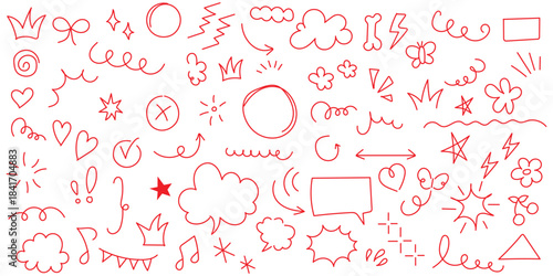 Hand drawn doodle elements vector illustration with speech bubbles, arrows, stars, hearts and decorative lines for business infographic journal set pointing arrow speech bubble line outline.