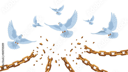 Blue doves flying out from broken chain links on isolated symbolizing freedom and peace