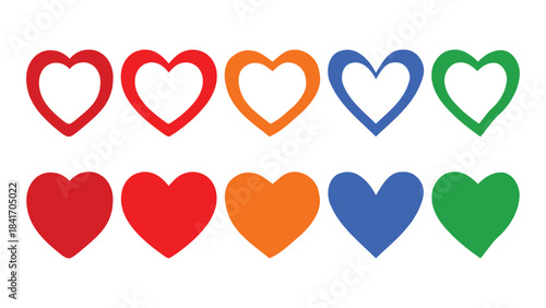 A collection of ten hearts in vibrant colors, featuring both solid shapes and outlined designs