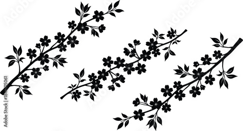 Stylized Black Silhouette of Cherry Blossom or Plum Flower Branches with Leaves in Vintage Woodcut Style, Ideal for Asian Design, Textile Print, or Springtime Nature Background Graphic Elements