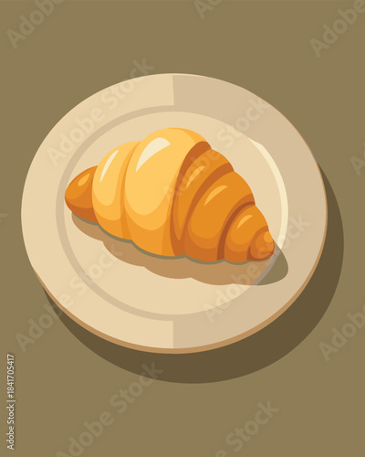 Delicious flaky croissant pastry served on a simple beige plate with shadow girl avatar