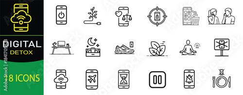 Digital Detox Icons Set — stock vector collection of Phone Addiction, Screen Time Control, Mindfulness, Offline Wellness Line Vector