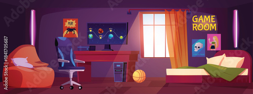 Interior vector design of teenage gamer bedroom with a computer, Game room signboard, play station video games console