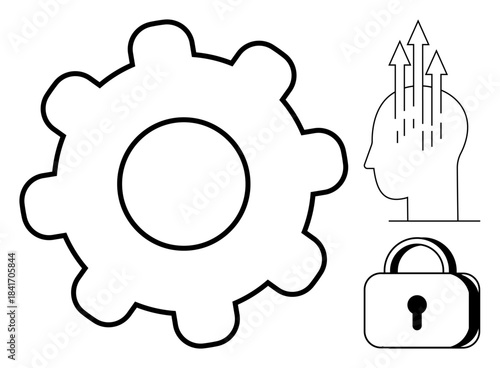 Innovation concept. Innovation ed by gear, human with arrows for ideas, and lock for protection. Innovation drives creativity, problem-solving, and progress. For tech, security and business