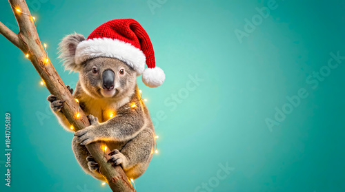 Koala Wearing Christmas Santa Hat Sitting on Eucalyptus Branch  on Empty Teal Background