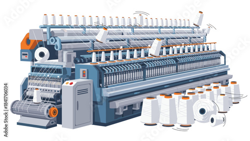 Industrial embroidery machine with spools of thread on for textile production and manufacturing