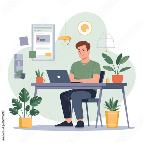 Comfortable Workspace with Plants and Computer