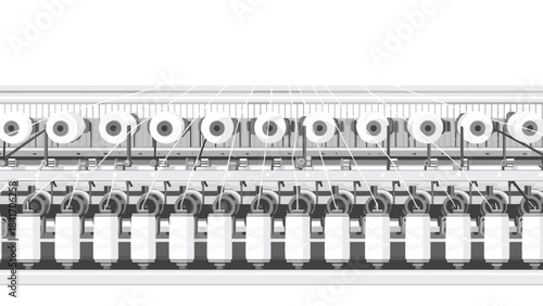 Industrial textile machinery with spools of thread on a metal frame