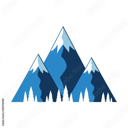 Stylized Blue Mountain Range with Snow Peaks and Pine Trees on White Background