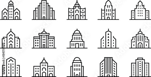 a collection of minimalist linear building icons showcasing diverse architectural styles including skyscrapers churches and traditional structures in a monochromatic design high quality professional