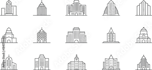 a collection of minimalist line art illustrations depicting various architectural styles of modern city buildings and structures presented in grayscale high quality professional detailed