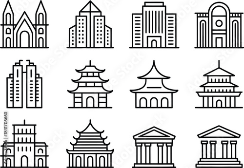 a collection of architectural landmarks depicted in minimalist line art showcasing diverse building styles and cultural influences around the world high quality professional detailed