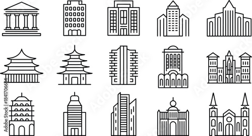 a collection of various architectural landmarks and building styles depicted in simple black and white line art illustrations showcasing global designs high quality professional