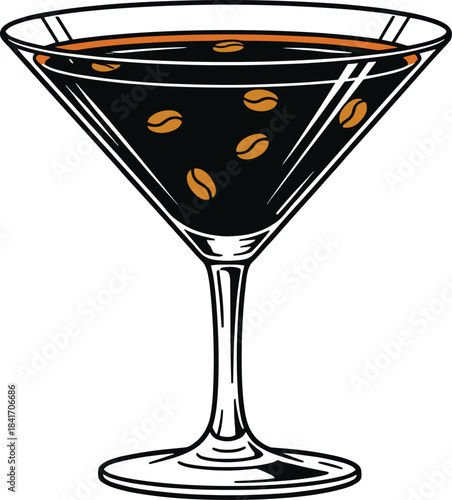 Elegant espresso martini cocktail glass illustration with floating coffee beans, modern alcoholic drink vector for bar menus