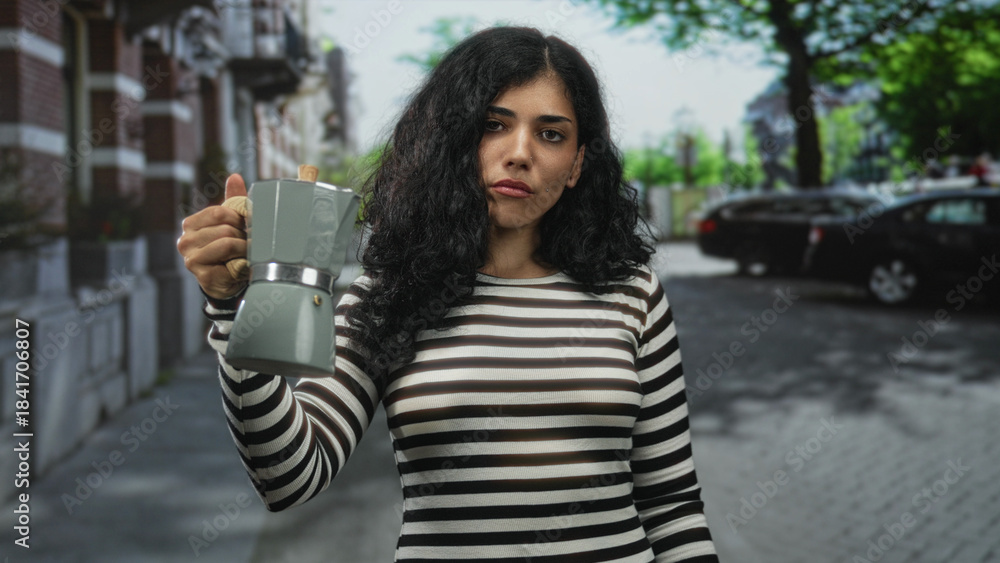 Fototapeta premium Young arab woman holding moka pot in outstretched bare hand on a cobbled street by brick building, striped top visible; quiet contemplation.