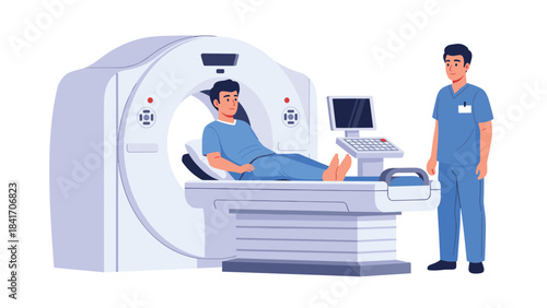 Medical professional standing next to a patient lying on a ct scan machine with a monitor and controls